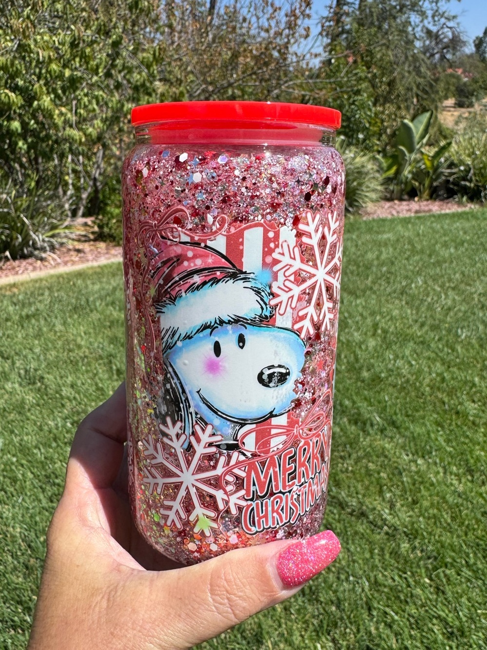 Snoopy Christmas globe tumbler 16oz